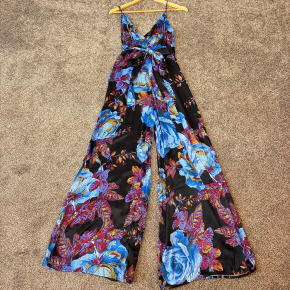 Free People Women's Size 4 Satiny Wide Leg Jumpsuit All Over Rose Print Boho - Picture 4 of 12